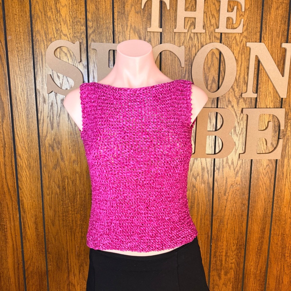 90s‎ Vintage Pink Boho Crochet Top Vera Cristina Womens S Chic Silk Ribbon Shell